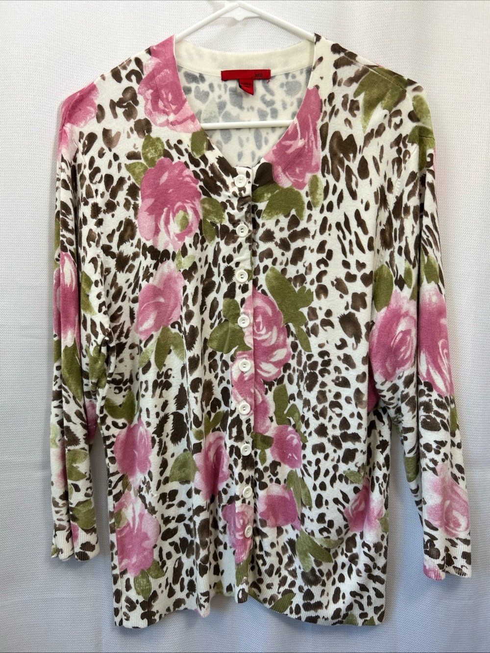 Red Brand Pink Rose & Olive Floral Leopard Button-Down Cardigan XL